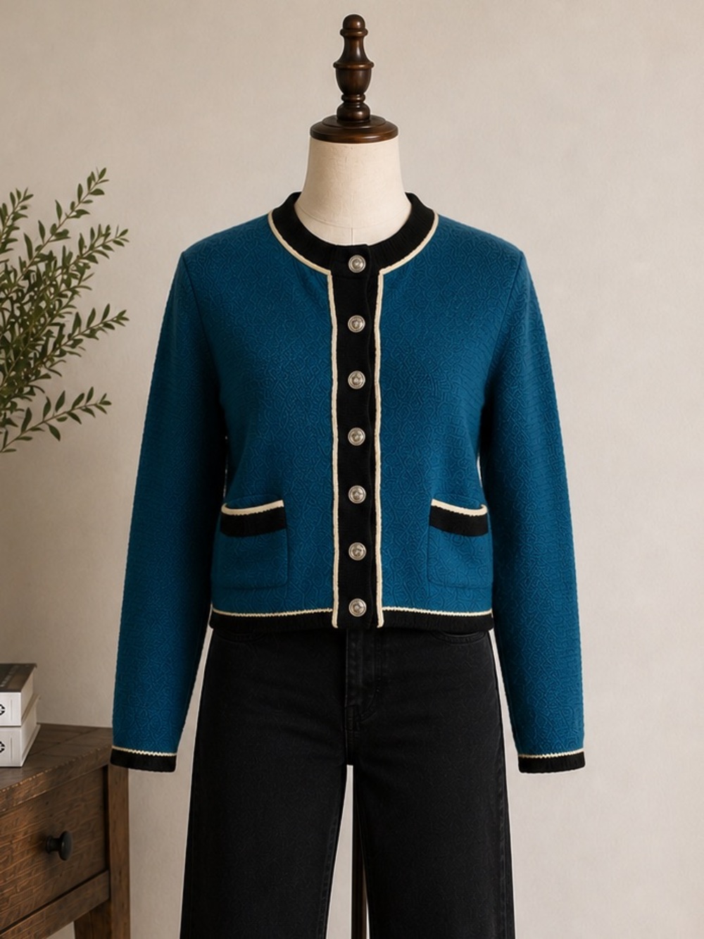 70s/80s Vintage Ren-dale Blue Knit Cardigan Contrast Trim Eagle Buttons Preppy M